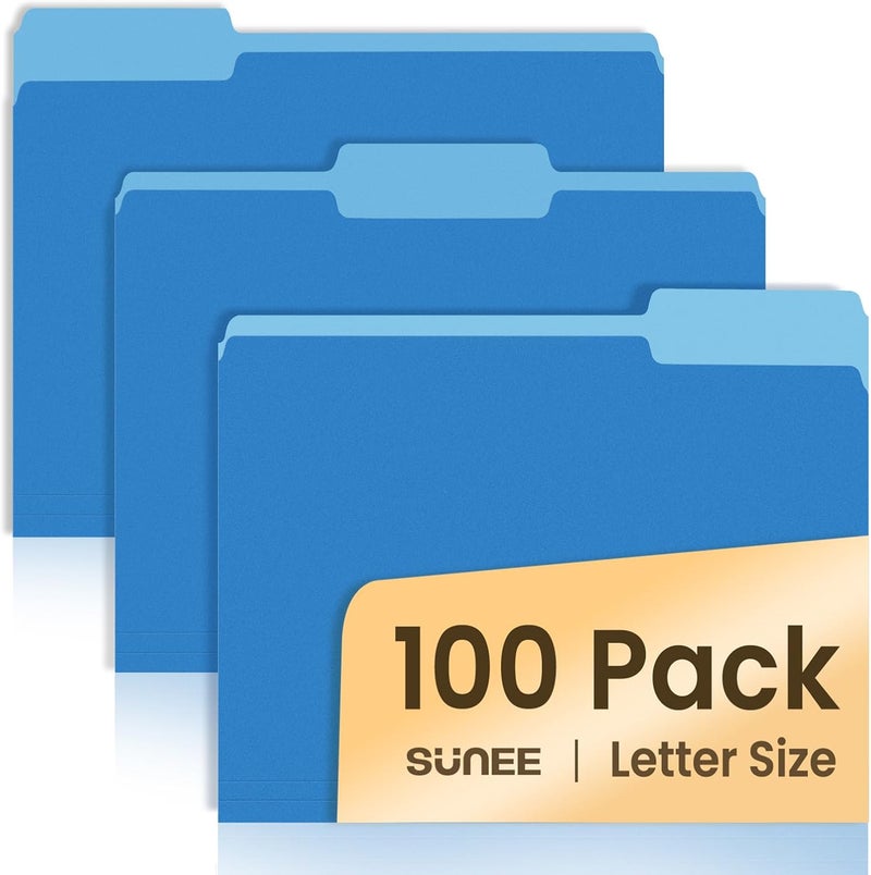 SUNEE File Folders Letter Size Blue, 100 Pack Manilla Folders 8.5 x 11 1/3-Cut Tabs, Colored File Folders Office Home School for Documents Files Paper - Image 1